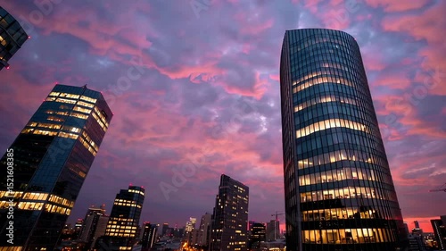 Vibrant urban skyline at dusk with dynamic cloud movement over modern skyscrapers