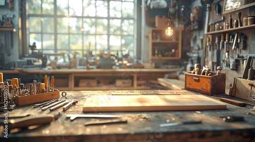 Sunlit workshop with tools on workbench