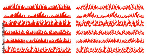 Fire border. Red flame, cartoon fire seamless borders. Blazing frame dividers, hot flaming banners. Wildfire campfire burning lines, fire trail and flammable vector set