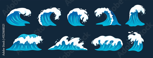 Cartoon waves. Blue sea waves with white foam and water splashes. Storm and tidal big tsunami wave. Ocean surf foamy waveform in various curling. Vector isolated marine set