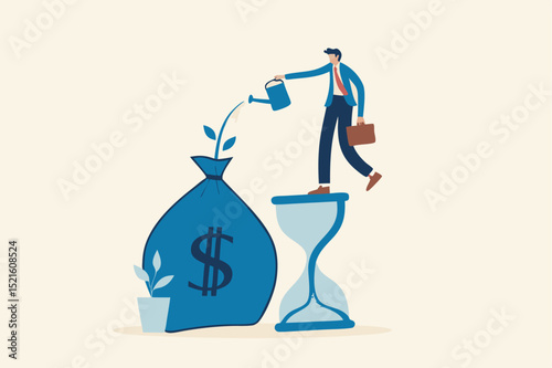 Saving and investment account, prosperity, growth earning from compound interest in long term investing concept, smart businessman investor standing on sandglass watering growing sprout from money bag