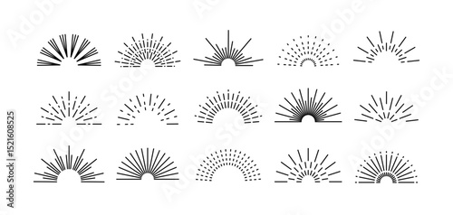 Vintage starburst. Sunburst shapes, bursting sun rays, sunshine. Radial fireworks burst, sunset and sunrise, star beams, sparkle elements. Vector classic boho logo line set