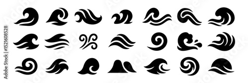 Sea wave icons. Water waves, ocean wave and splashes nautical storm black tattoo symbols. Water tribal tidal streams with breeze swirls. Vector marine surf abstract logo set