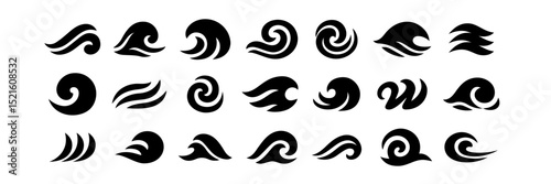 Water wave icons. Sea, ocean waves swirl logo. Water splashes nautical black tribal tattoo. Fluid tidal streams with breeze swirls. Vector marine surf abstract minimal logos