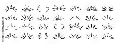 Doodle line sparkles. Surprise, shine sunburst sparkle with rays, comic explosion hand drawn cartoon icons. Firework flashes. Sketch expressive comic book vector isolated set