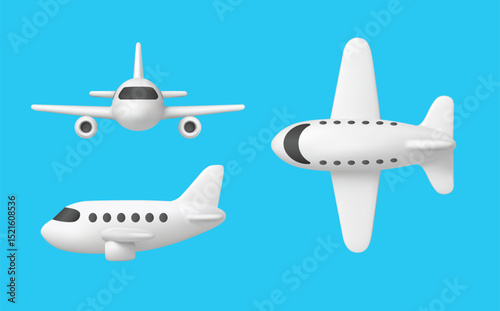 3d airplane. Realistic jet aircraft, plane toy soft render cartoon. Passenger planes front, side and top view flying in blue sky. Vector set for airline and tourism ads