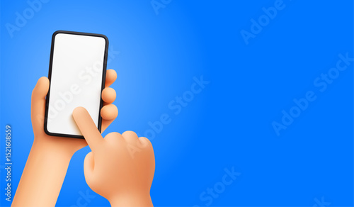 3D hands holding smartphone. Hand touch, scroll and swipe phone screen with finger, cartoon soft render style mockup on blue. Vector concept for cellphone app, UX design