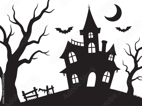 Haunted halloween house silhouette vector illustration, Halloween house silhouette vector