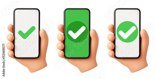 Check mark on smartphone screen. 3D hand holds phone with green tick icon, success, confirmation and approval sign. Cellphone payment realistic 3D soft render vector concept