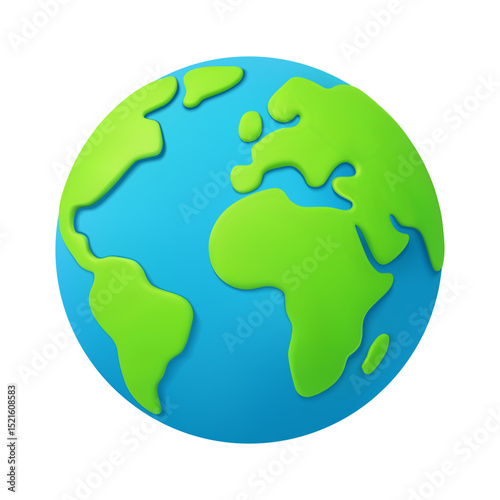 3d Earth. Cartoon planet world globe map with green continents and blue oceans. Vector illustration in plasticine soft render style for eco, global and Earth Day concept