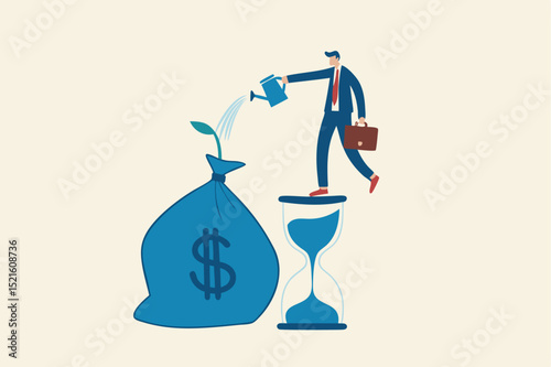 Saving and investment account, prosperity, growth earning from compound interest in long term investing concept, smart businessman investor standing on sandglass watering growing sprout from money bag
