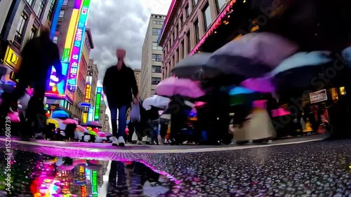 Colorful umbrellas in motion on a rainy day in a bustling city street