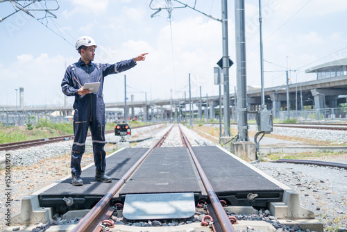 Technician inspects railroad tracks with digital equipment