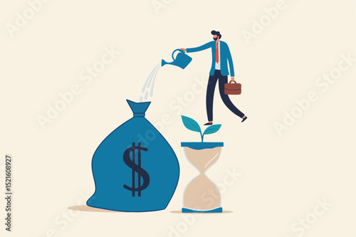 Saving and investment account, prosperity, growth earning from compound interest in long term investing concept, smart businessman investor standing on sandglass watering growing sprout from money bag