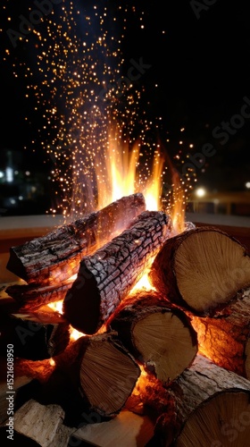 Burning firewood logs with embers and sparks against a dark evening background