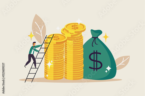 Ladder of success in financial target, career path income achievement or investment for retirement concept, young businessman climbing the ladder to top of stack of money coins rich and wealthy goals.