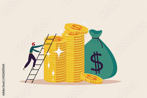 Ladder of success in financial target, career path income achievement or investment for retirement concept, young businessman climbing the ladder to top of stack of money coins rich and wealthy goals.