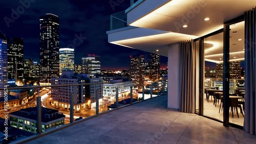 Stunning urban cityscape from highrise balcony at night with twinkling skyline