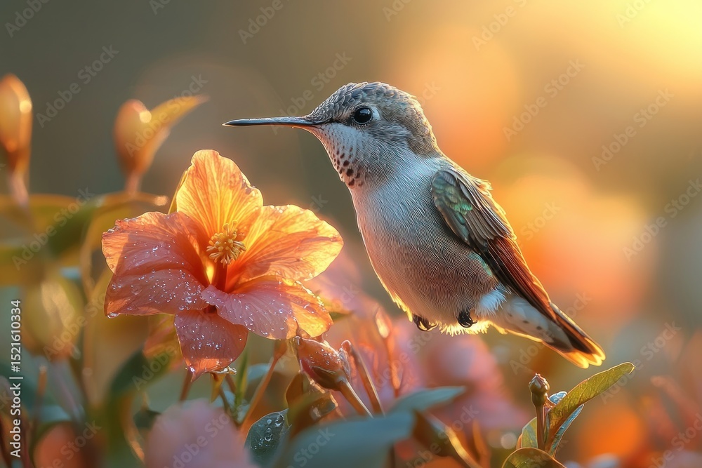Fototapeta premium Hummingbird on orange flower, sunrise glow