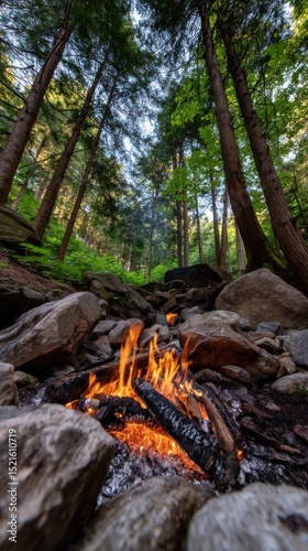 Campfire flames burning brightly in a forest surrounded by towering trees and rocks during sunset