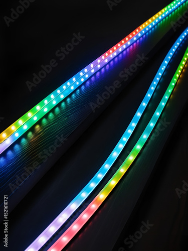 Rainbow LED strip on dark wood