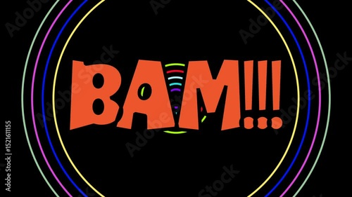 Pop up orange BAM text on a background of flashing colorful circle line groups