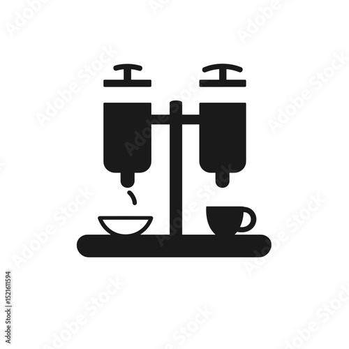 A coffee maker for making a fresh drink with a minimalist cup and bowls on a transparent background