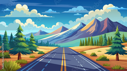 Smooth asphalt road through wide grassland with pine trees on both sides, soft-colored mountains and blue sky with white clouds, vector illustration
