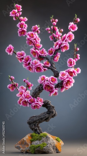 Beautifully sculpted bonsai tree featuring vibrant pink cherry blossom flowers presented on a stone.