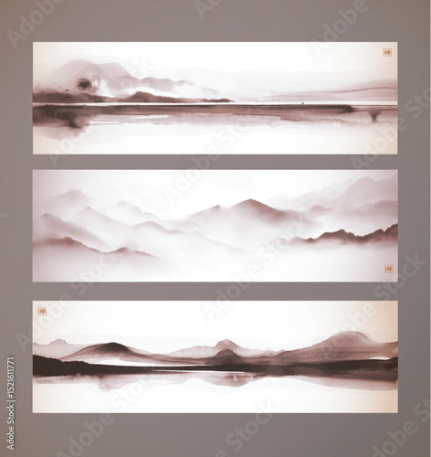 Set of three sumi-e style vector banners with misty mountain landscapes and serene water reflections in vintage style. Translation of hieroglyph - zen