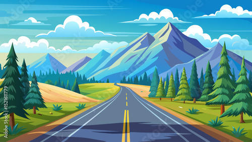 Smooth asphalt road through wide grassland with pine trees on both sides, soft-colored mountains and blue sky with white clouds, vector illustration