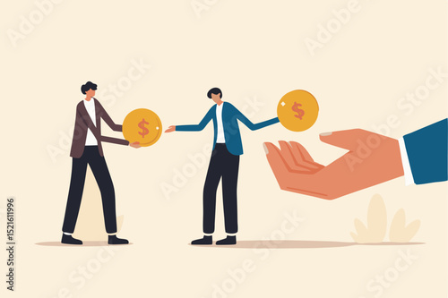 Living paycheck to paycheck, financial problem, get monthly income to pay for debt and loan or monthly expense concept, exhausted businessman salary man get dollar coin and pay it for creditor debt.