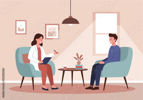 Flat vector of a therapist talking to a patient in a cozy counseling room, mental health care concep