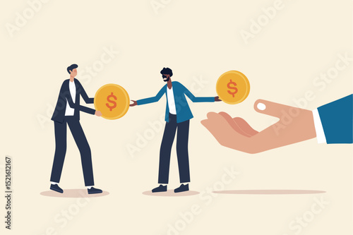 Living paycheck to paycheck, financial problem, get monthly income to pay for debt and loan or monthly expense concept, exhausted businessman salary man get dollar coin and pay it for creditor debt.