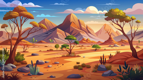 Australian desert landscape with dry mountains, native trees, and arid vegetation. Natural scenery in hot climate, vector illustration