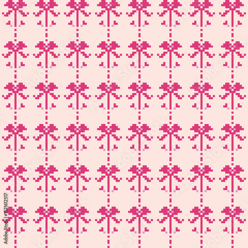 Bow pattern vector in pink color. Cute summer seamless of pixels bow and stripes. Concept of gift, soft, repeat, trendy, lovely, heart for Valentine card, print, wrap, textiles, fabric texture, decor.