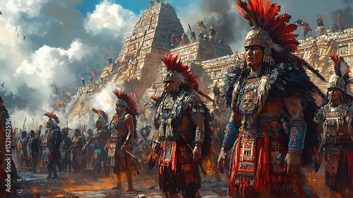 Illustration of imagined Aztec temple ritual scene stylized costumes and symbolic motifs no real depictions Aztec Mythology and Ritual digital illustration glowing ceremonial tones no lens required