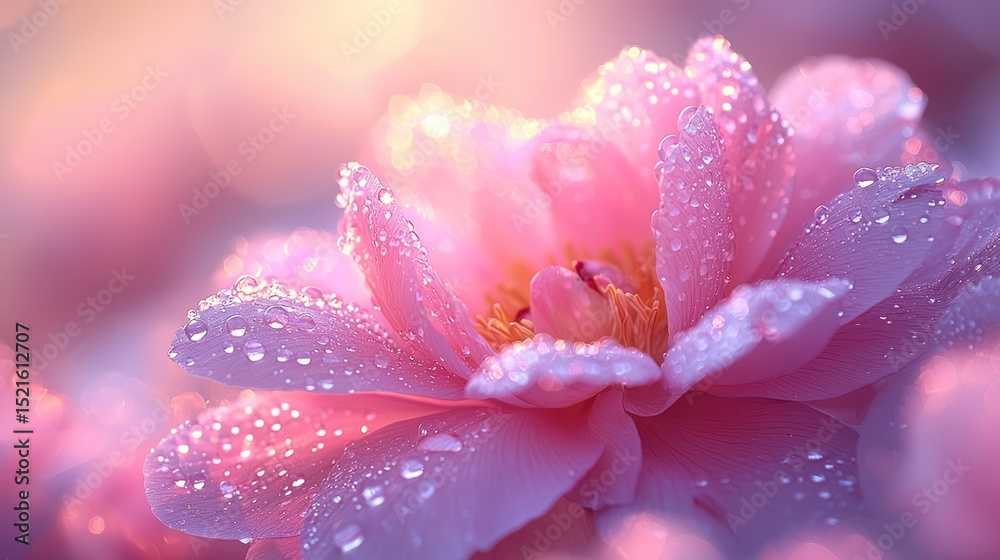 Fototapeta premium Soft pink peony, dew drops, golden light