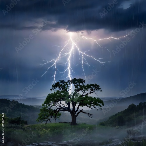 lightning bolt striking lone oak tree during heavy rainstorm – great for weather effects, storm photography, or natural force themes