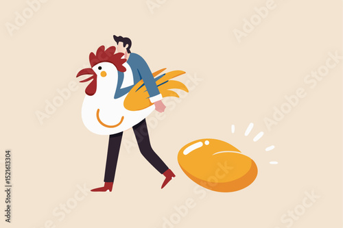 Golden egg, precious high return investment or success retirement planning with dividend concept, happy businessman investor or office salary guy holding big white hen with precious golden egg.