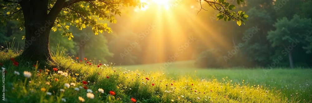 Fototapeta premium Serene natural landscape bathed in soft sunlight, ideal for promoting tranquility and mindfulness; perfect for meditation, yoga, and wellness websites , outdoor meditation, clouds