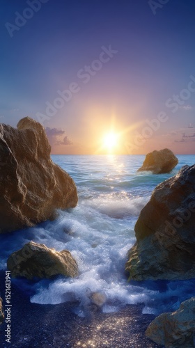 Dramatic sunrise over the ocean waves crashing against rocky shore creating beautiful waterscape
