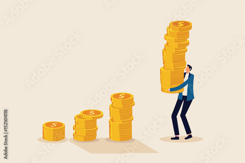 Compound interest effect, high return investment stock market or growth and prosperity economic concept, businessman investor holding high stack of dollar money coins to put as growth compound graph.