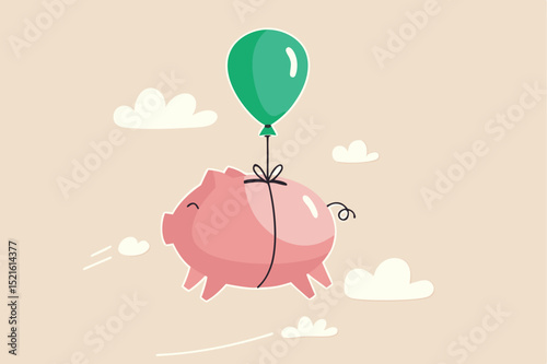 Financial freedom, growth retirement saving or rising profit investment for financial succeed concept, happy cute pink piggy bank floating fly to freedom in the sky minimal style.