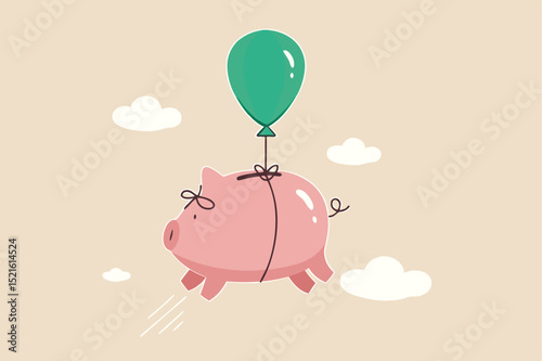 Financial freedom, growth retirement saving or rising profit investment for financial succeed concept, happy cute pink piggy bank floating fly to freedom in the sky minimal style.