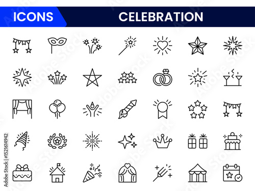 Festive vector web line icons capturing celebration, joy, parties, events, confetti, gifts, and vibrant moments of togetherness.