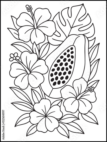 Summer Coloring Page for Kids and Adults – Printable Black and White Line Art with Fruit and Flowers for Stress Relief, Relaxation, and Fun