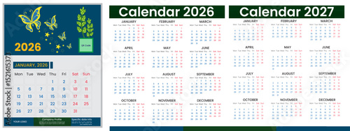 Trending vector calendar design 2026, 2027 year. Calendar set template design for 2026 and 2027 year. Monthly calendar layout for 2026 and 2027 year and week start on Monday. Calendar design