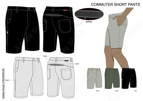 COMMUTER SHORT PANTS AIRFLOW FEATURE DESIGN MOCKUP WITH COMBO COLOR
