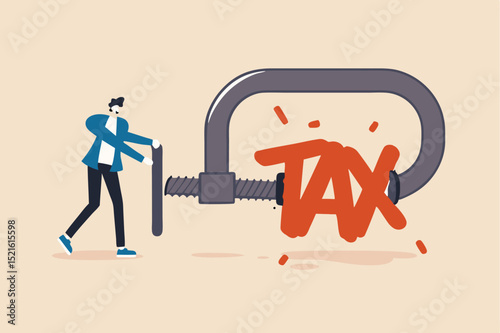 Tax payment reduction, government policy, income tax optimization and wealth management concept, professional wealth manager businessman using clamping to squeeze the word tax metaphor of reduction.